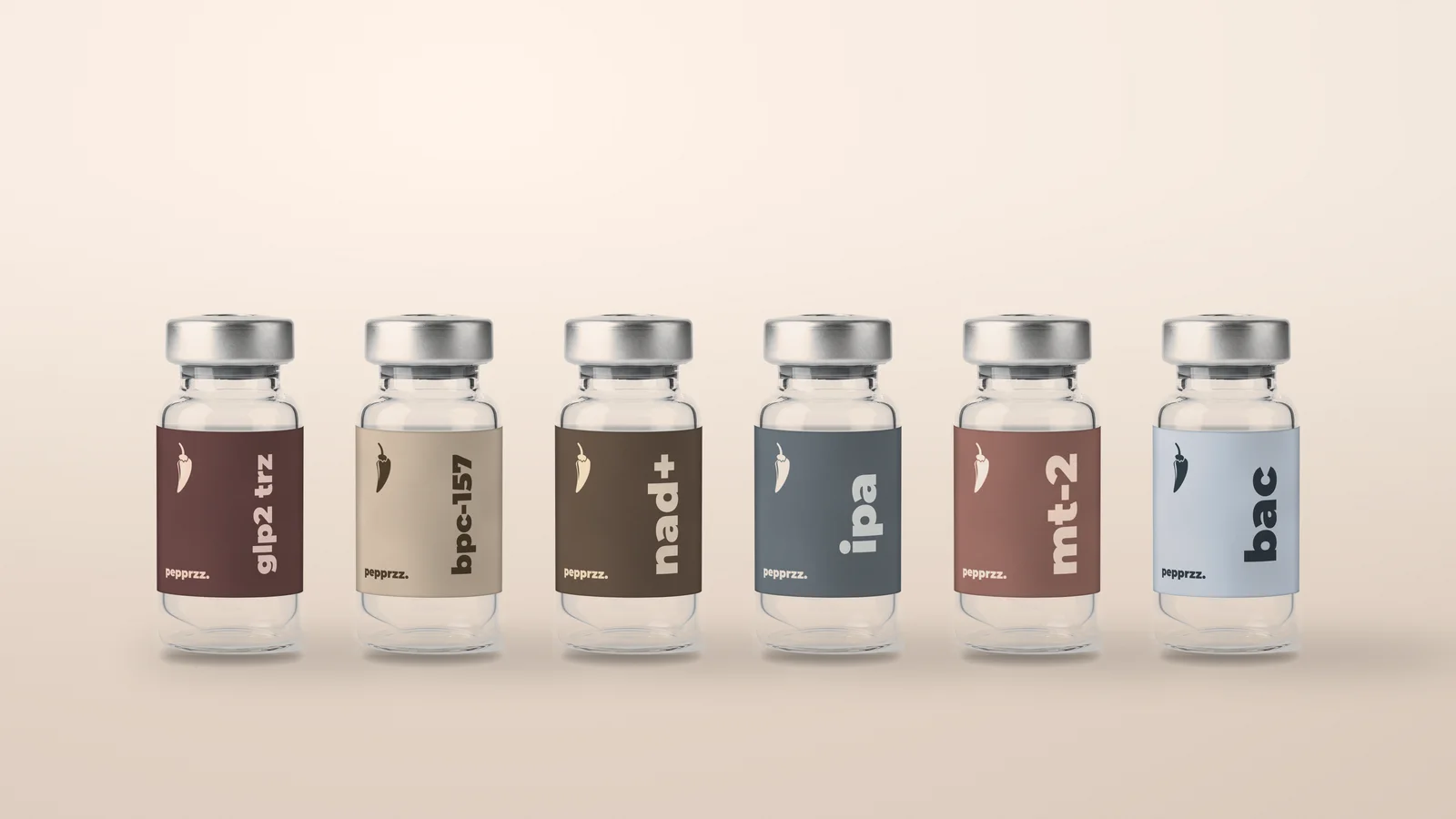 The pepprzz vial lineup — glp2 trz, bpc-157, nad+, ipa, mt-2 and bac